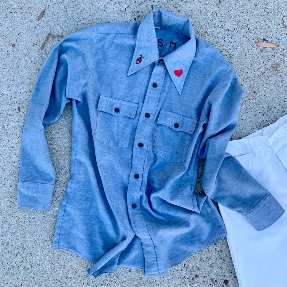 70s Chambray Animal & Insect Embroidered Shirt - image 2